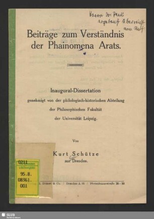 Beiträge zum Verständnis der Phainomena Arats