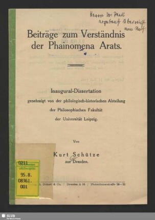 Beiträge zum Verständnis der Phainomena Arats