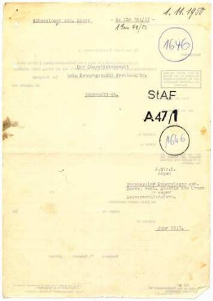 Angeklagte: Scherzinger, Bernhardine Anna (Bäuerin); Urach *04.05.1893 in Urach; + ? Dorer, Hermann Johann (Landwirt; Linach *15.06.1902 in Urach; + ? Dotter, Leopold (Hausmetzger); Linach *04.10.1875 in Urach; + ? Heine, Albin (Wegwart); Linach *15.06.1902 in Urach; + ? Delikt: Verbrechen gegen die Kriegswirtschaftsverordnung Schwarzschlachtung Tatort: Urach Tatzeit: Winter 1941-Juli 1943