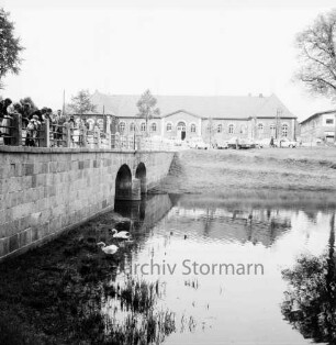 Schlossbrücke: Personen am Geländer mit Blick auf Schwäne im Schlossgraben: hinten Marstall, parkende Autos