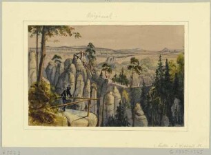 Aussicht vom Wehlgrundblick nordwestlich der Bastei nach Südosten auf den Ferdinandstein bei Rathen in der Sächsischen Schweiz, im Hintergrund der Brand, der Winterberg und der Rosenberg (Tschechien)