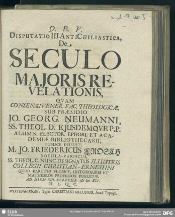 Disputatio III. Antichiliastica, De Seculo Maioris Revelationis