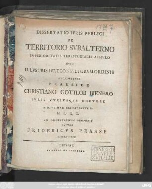 Dissertatio Ivris Pvblici De Territorio Svbalterno Svperioritatis Territorialis Aemvlo