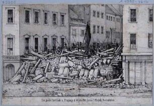 Maiaufstand 1849 in Dresden, die große Barrikade am Eingang der Wilsdruffer Gasse (Wilsdruffer Straße)