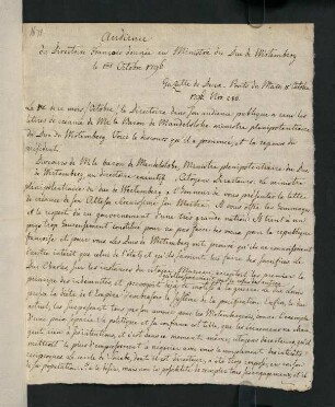 Audience du Directoire Francois donnée au Ministre du Duc de Wirtemberg le per Octobre 1796
