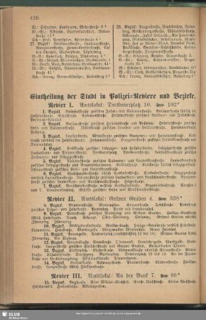 Eintheilung der Stadt in Polizei-Reviere und Bezirke