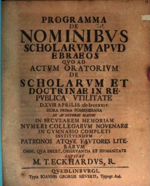 Programma de nominibus scholarum apud Ebraeos
