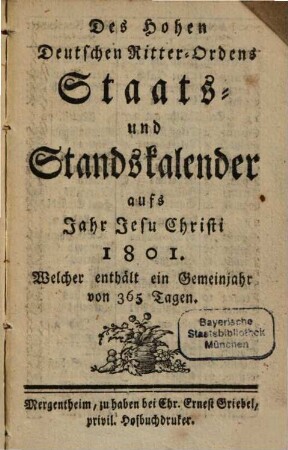 Des Hohen Deutschen Ritterordens Staatskalender : für d. Jahr ... 1801