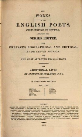 The works of the English poets, from Chaucer to Cowper : in 21 volumes. 17, Glover, Whitehead, Jago, Brooke, Scott, Mickle, Jenyns