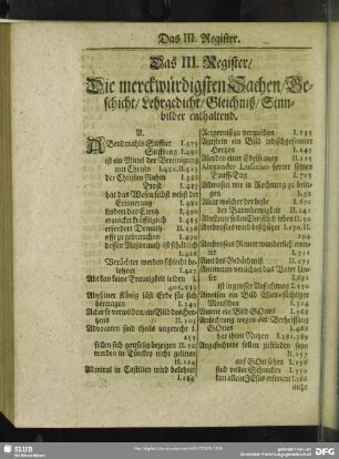 Das III. Register, Die merckwürdigsten Sachen, Geschicht, Lehrgedicht, Gleichniß, Sinnbilder enthaltend