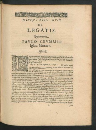 Disputatio XVIII. De Legatis. Respondente Paulo Crummio