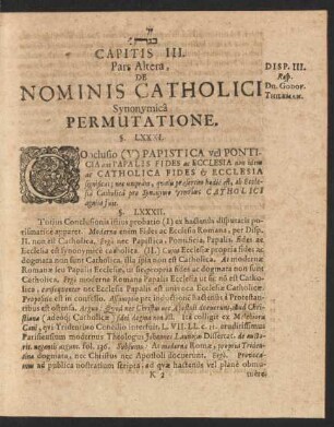 Capitis III. Pars Altera, De Nominis Catholici Synonymica Permutatione.