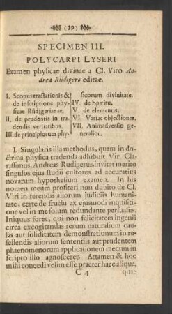 Specimen III. Polycarpi Lyseri Examen physicae divinae a Cl. Viro Andrea Rüdigero editae