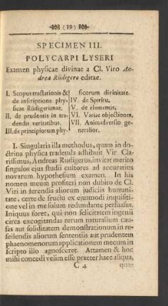 Specimen III. Polycarpi Lyseri Examen physicae divinae a Cl. Viro Andrea Rüdigero editae