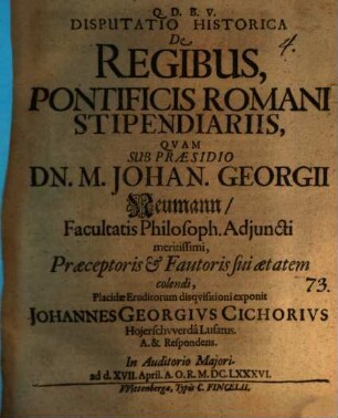 Disp. hist. de regibus, pontificis Romani stipendiariis