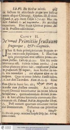 CAP. II. De [A...] Primitiis fructuum frugumque , & Primogenitis.