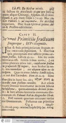 CAP. II. De [A...] Primitiis fructuum frugumque , & Primogenitis.