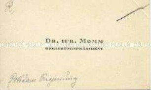 Visitenkarte des Regierungspräsidenten in Potsdam Wilhelm Momm aus der Sammlung des Reichskanzlers Wilhelm Marx / Kategorie "Beamte" - Sachkonvolut