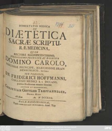 Dissertatio Medica De Diætetica Sacræ Scripturæ Medicina