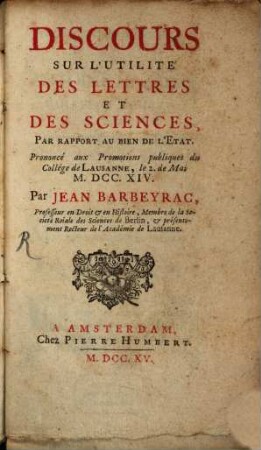 Discours sur l'utilité des lettres et des sciences