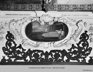Ausmalung des Oratorio della Santissima Trinità : Wanddekoration : Heilige und Selige der Familie Piccolomini: Camaldulesischer Eremit sieht die Seele Pius' II von zwei Engeln in den Himmel getragen