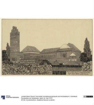 Darmstadt, Ausstellungsgebäude und Hochzeitsturm, Vorentwurf, Perspektive von Südwesten