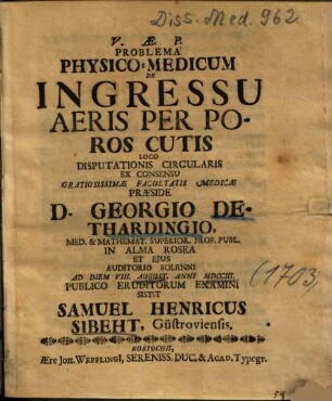 Problema Physico-Medicum De Ingressu Aeris Per Poros Cutis