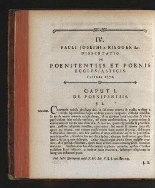 IV. Pauli Josephi a Riegger Dissertatio de Poenitentiis et Poenis Ecclesiasticis