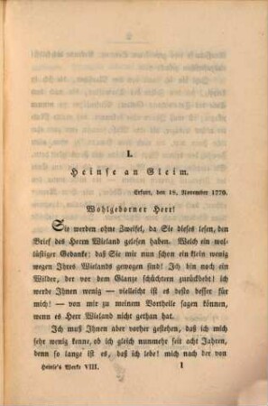 Wilhelm Heinse's sämmtliche Schriften. 8, Briefe I