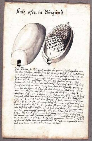 Lavierte Zeichnungen (Aufriss und Querschnitt) eines Kalkofens in Boma im Burgund (32,5 x 21 cm), mit einer ovalen Form wie die Hafneröfen, Erläuterungen der Buchstaben A-D