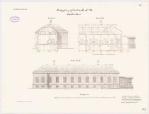 Strafgefängnis, Frankfurt/Main Krankenhaus: Aufriss Vorderansicht, Längsschnitt, Querschnitt 1:100