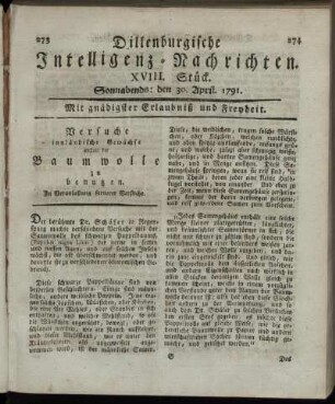 XVIII. Stück. Sonnabends: den 30. April. 1791.