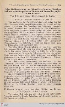 1: Ueber die Herstellung von Chlorsilber-Collodion-Drucken und von directen positiven Bildern auf Bromsilberpapier in der Camera