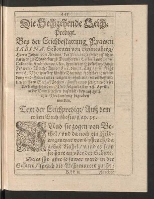 Die Sechzehende Leich-Predigt. Bey der Leichbestattung Frawen Sabina, Gebornen von Grünenberg/ Herrn Johan von Arnims ... hertzlieben Ehelichen Hauß-Frawen ...