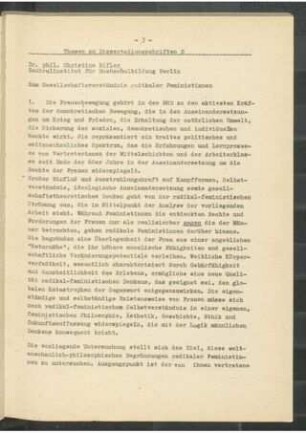Zum Gesellschaftsverständnis radikaler Feministinnen : Thesen zur Dissertationsschrift B und Autorreferat