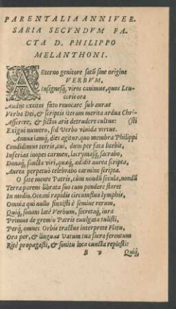 Parentalia Anniversaria Secundum Facta D. Philippo Melanthoni.