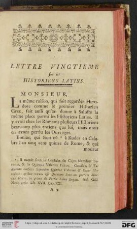 Lettre Vingtième sur les Historiens Latins