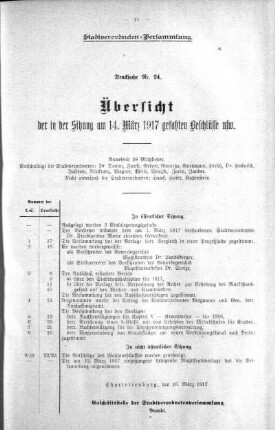 Übersicht der in der Sitzung am 14.März 1917 gefaßten Beschlüsse. (24), 14. März 1917