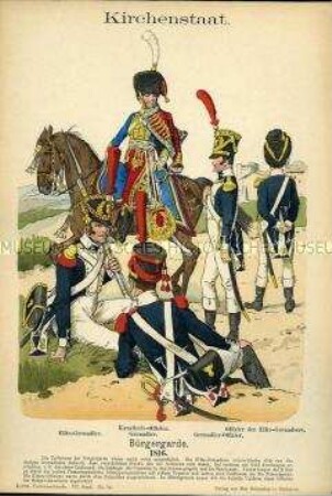 Uniformdarstellung, Gemeiner und Offizier der Elite-Grenadiere, Offizier der Kavallerie, Gemeiner und Offizier des Grenadier-Regiments, Kirchenstaat, 1816.