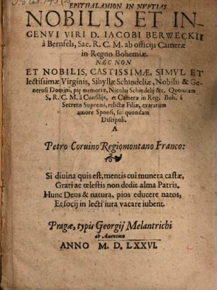 Epithalamion in nuptias ... Jac. Berweckii ...