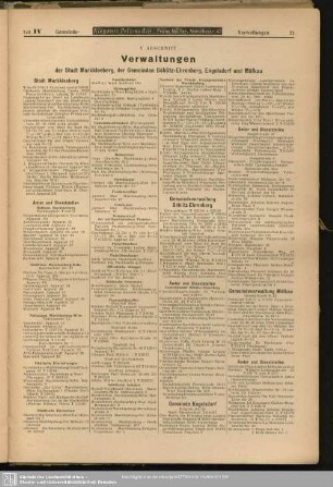 V. Abschnitt. Verwaltungen der Stadt Markkleeberg, der Gemeinden Böhlitz-Ehrenberg, Engelsdorf und Mölkau