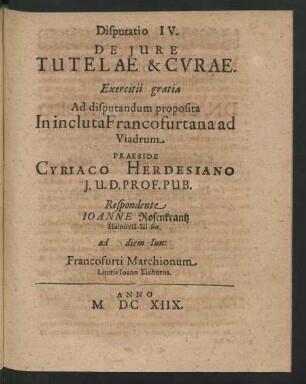 Disputatio IV. De Iure Tutelae & Curae