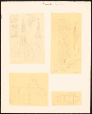 Kirche, Kamenitza: Perspektivische Außenansicht, Innenansicht, Längsschnitt, Grundriss und Details (vier Blätter)