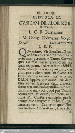 Epistola LI. Quaedam De Aloe Schlibenso. L. C. F. Garmanno M. Georg Erdmann Voigt Iena Chemnitium