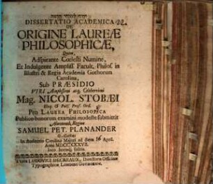 Diss. acad. de origine laureae philosoph.