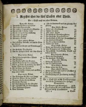 I. Register über die fünf Classen oder Theile.
