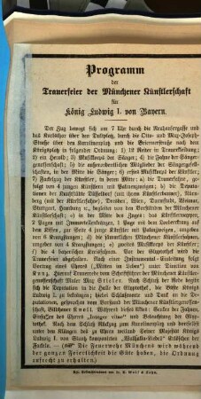 Programm der Trauerfeier der Münchener Künstlerschaft für König Ludwig I. von Bayern