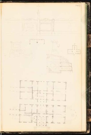 Skizzenbuch: Torbögen, Denkmale, Details: Ansichten, Grundriss einer Villa