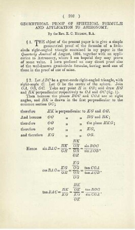 Geometrical proof of spherical formule and application to astronomy.