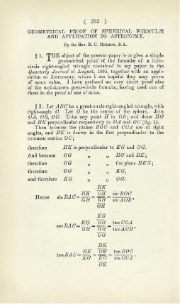 Geometrical proof of spherical formule and application to astronomy.